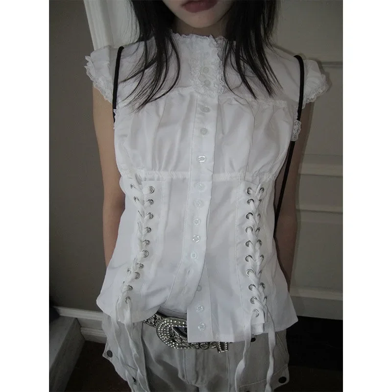 

QWEEK Y2k Gyaru White Woman Blouse Cute Shirt Vintage Sweet Bandage Short Sleeve Lace Tops Fairycore Aesthetic Korean Streetwear