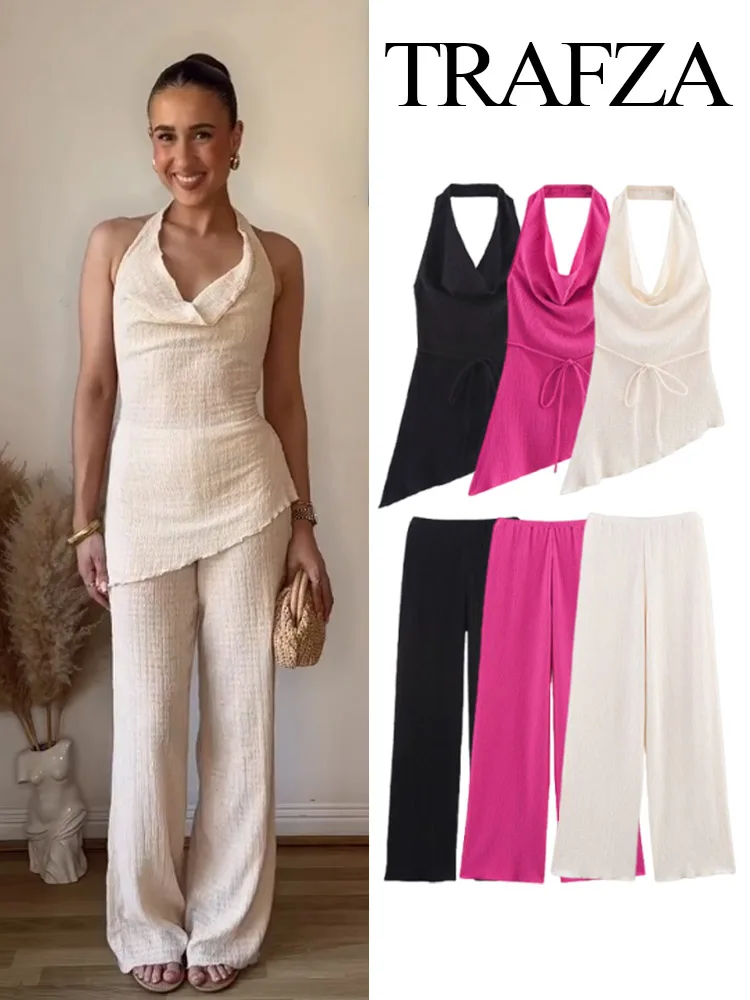 

TRAFZA Women Fashion Asymmetry Neck Halter Sleeveless Backless Belt Decorate Solid Top+Elastic Waist Casual Loose Long Pants Set