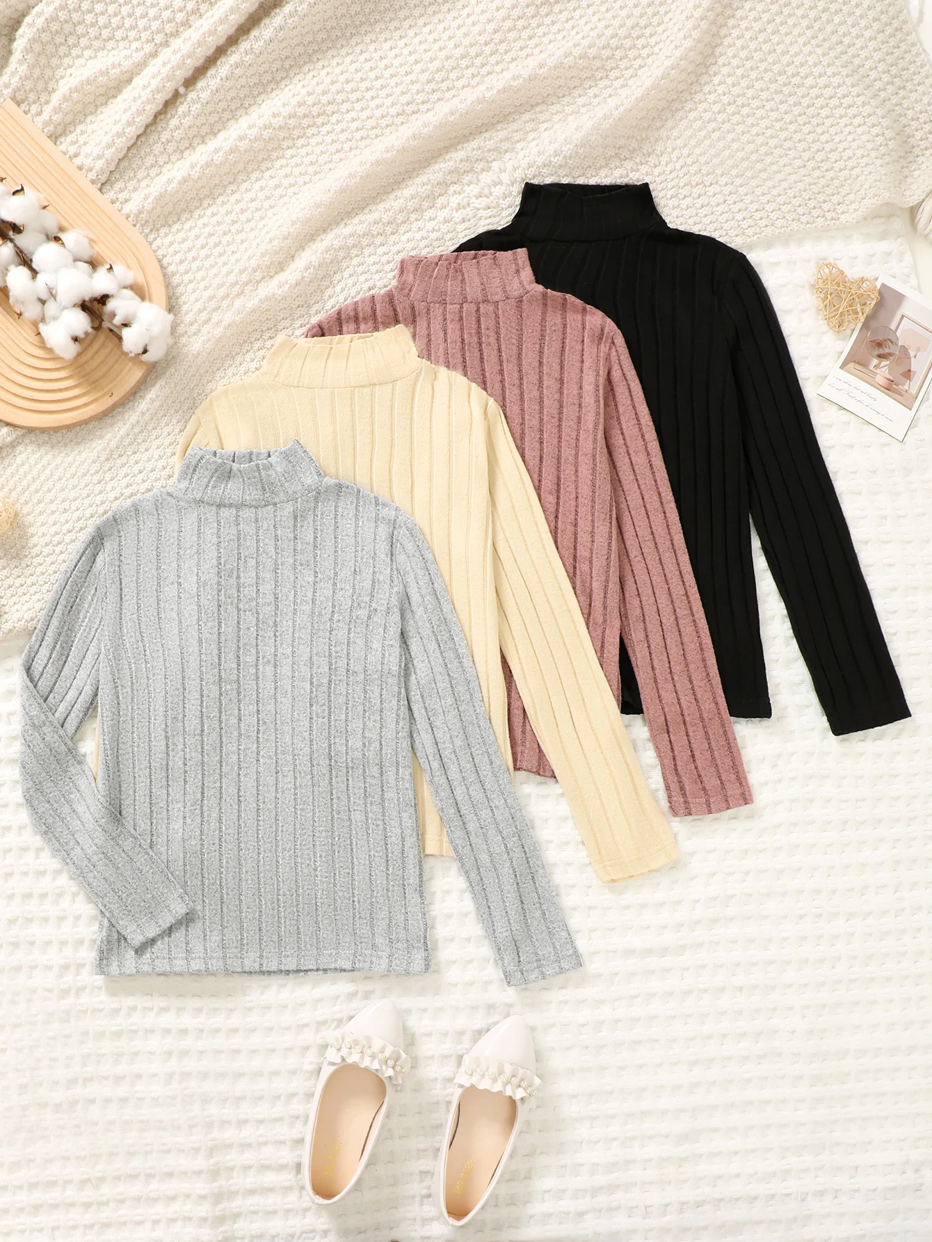 4-Piece Set Girls Long Sleeve T-Shirts Slim Fit High Collar Base Shirt Suitable for Autumn Winter Casual Wear