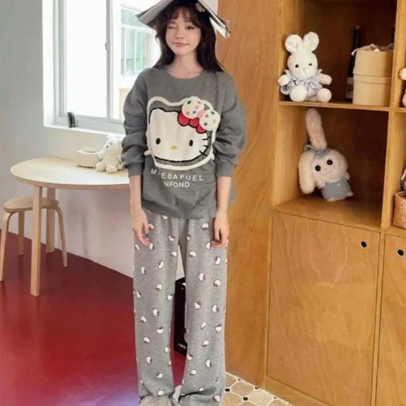 Cute Cartoon Hello Kitty Print Pajamas Women Spring Autumn Long Sleeve Pants Home Clothes Comfortable Loungewear Nightwear Set