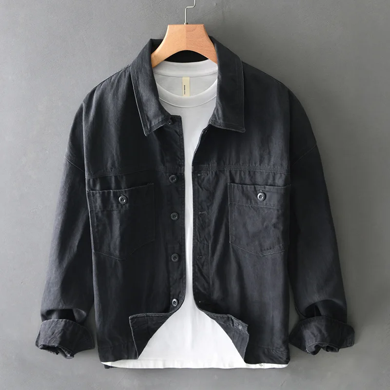 

Heavyweight Cotton Workwear Jaet Men's Spring New Sle Ameika Thiened irt Outerwear Trendy Loose Faionable