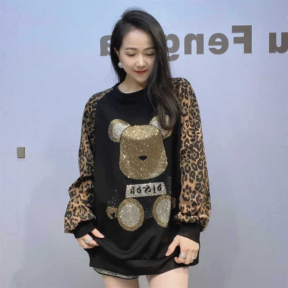 Cartoon Bear Diamonds Hoodie Women Vintage Clothes Leopard Print Sleeve O Neck Pullover Knitwear Casual Tops Loose Sweatshirt