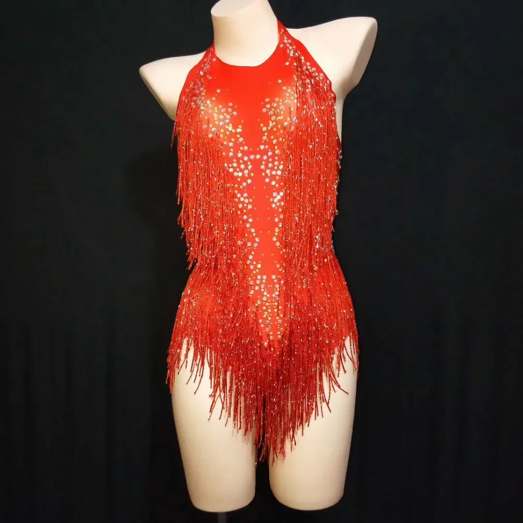

Red Tassel Pole Dance Women Latin Bodysuits Halter Acrobatic Leotard Jumpsuits Nightclub Singer Dancer Performance Stage Wear