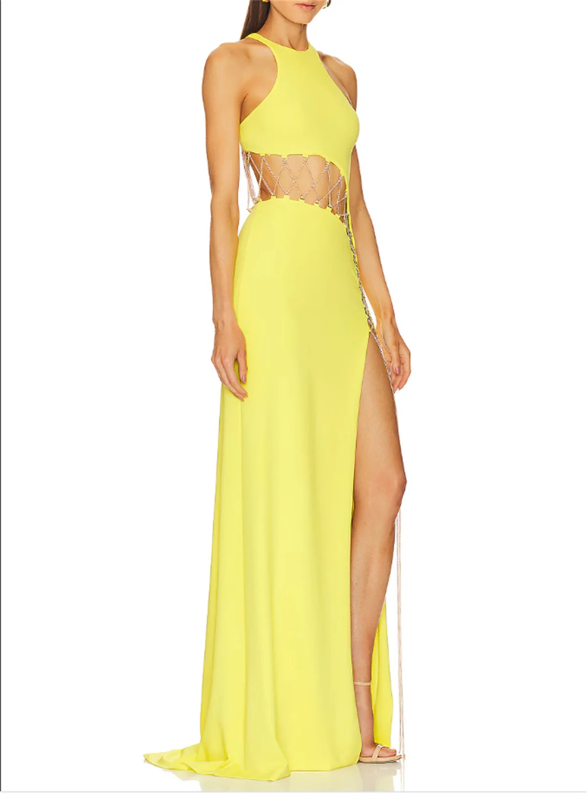 Fashion Bright Yellow A-Line Prom Dress Sexy Open Waist Cut-Out Evening Dress Diamond Strap High Slit Special Occasion Chiffon