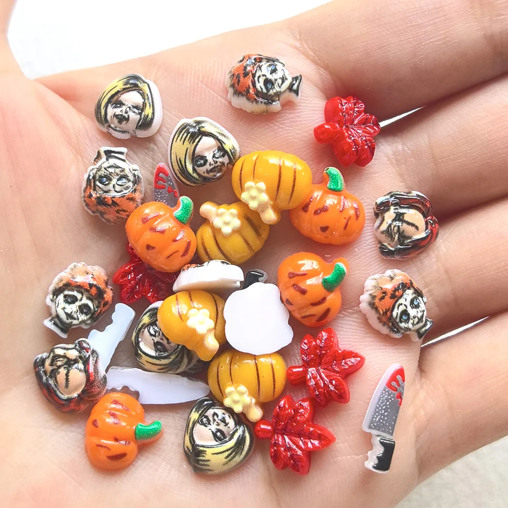 50 Stück 4-14MM Strass-Verzierte Harz-Halloween-Kürbis-Grimassen Nagelkunst-Zubehör Charms für DIY-Maniküre Nageldekoration – Detail 8