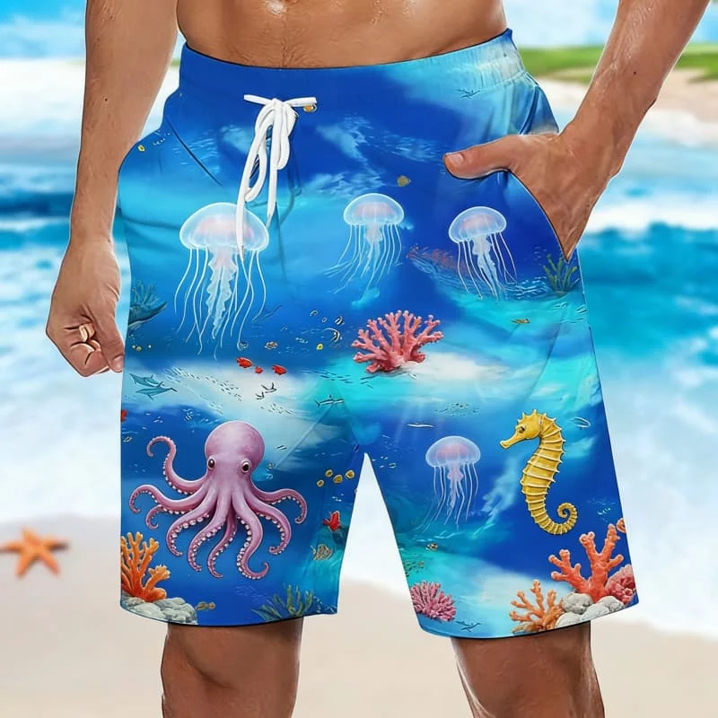 

Мужские пляжные шорты в неоновом стиле с изображением морских обитателей, плавки с принтом медуз и осьминогов, идеально подходят для смелого и отпускного образа.