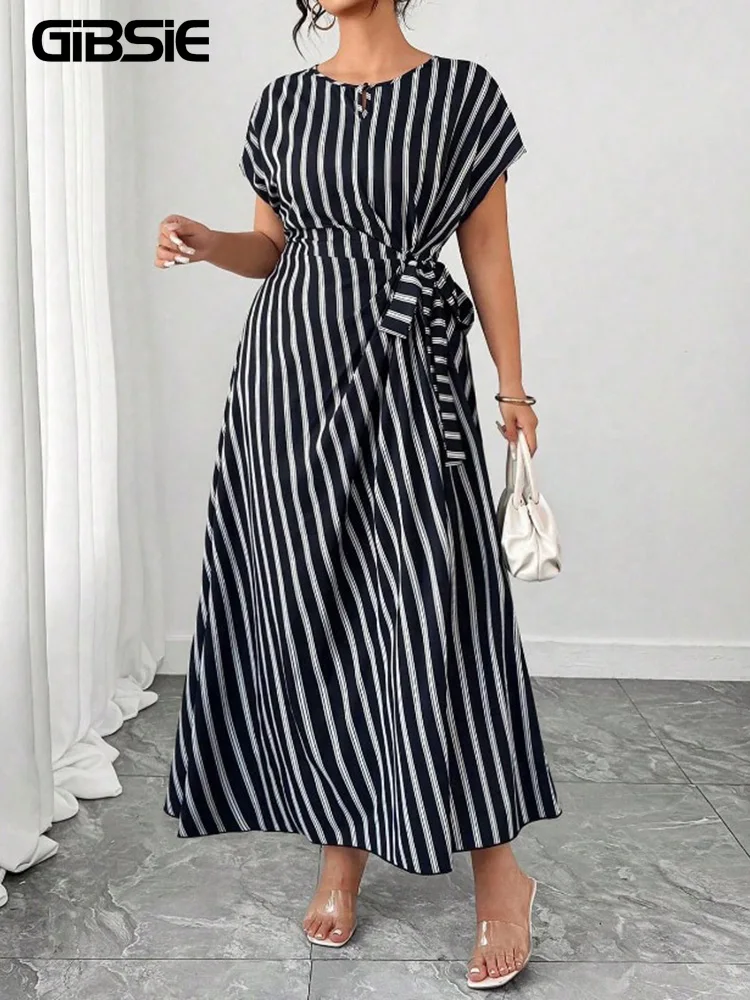 

GIBSIE Plus Size Striped Tie Side Raglan Sleeve Round Neck Dress Women 2026 Summer Casual Vacation A-line Female Long Dresses