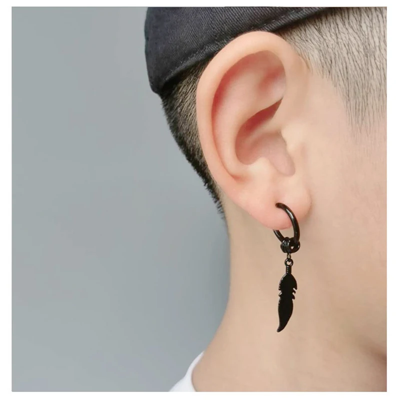 1PCS Unique Feather Pendant Hoop Earrings For Women Men Punk Style 316 Stainless Steel Dangle Drop Earrings Jewelry Gifts