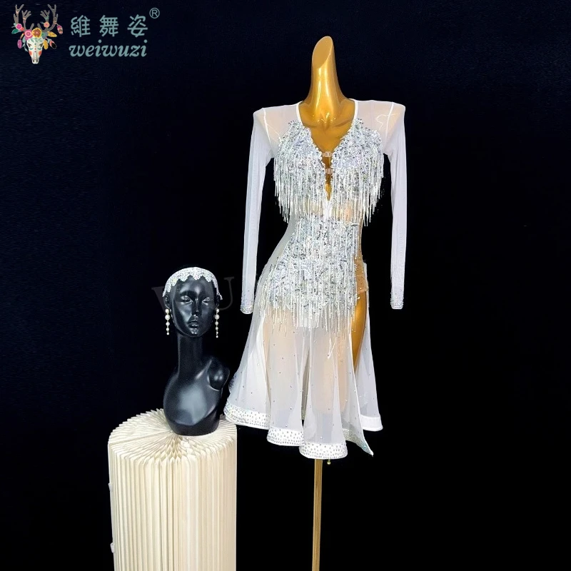LatinDance Costume Rhinestone Women's High-end Custom White Mesh Fishbone Skirt Samba Tango Dance Professional Performance Dress