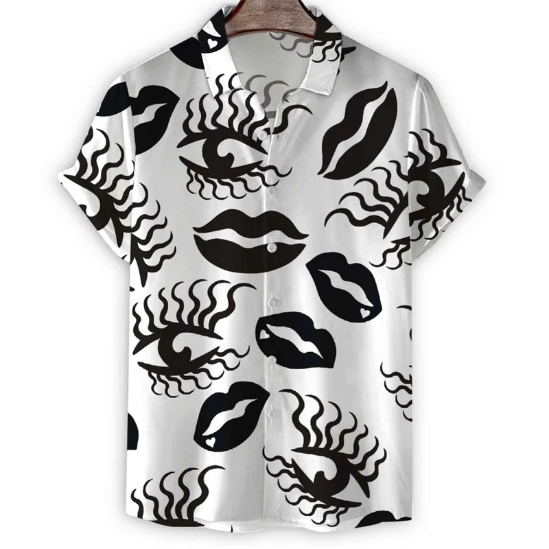 Creative 3d Printed Eyes Lips Hawaiian Shirt Men Short Sleeves Lapel Blouse Tops Casual Summer Vacation Street Oversized Shirts