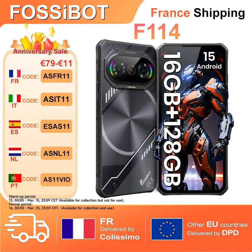 Fossibot F114 téléphone robuste Ultra-mince 16GB(4 +12) 128GB Android 15 50MP + 8MP + 2MP caméra 5000mAh 18W 6.67 ''HD + écran Smartphone