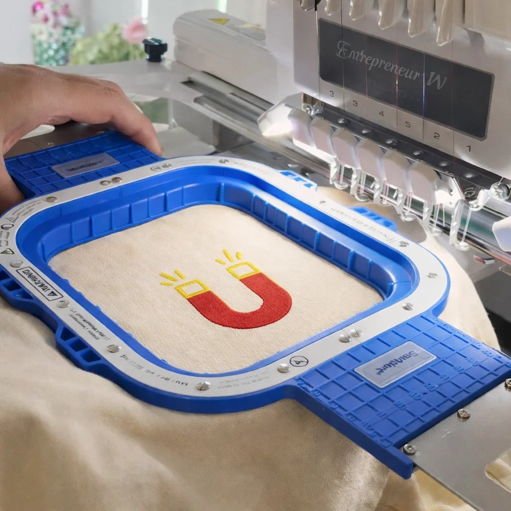 

Магнитный вышивальный круг Brother Mighty Hoop 5.5 Sewtalent с магнитным креплением для логотипов, сумок и вышивки, совместимый с PR1050X, PR680W и другими моделями.