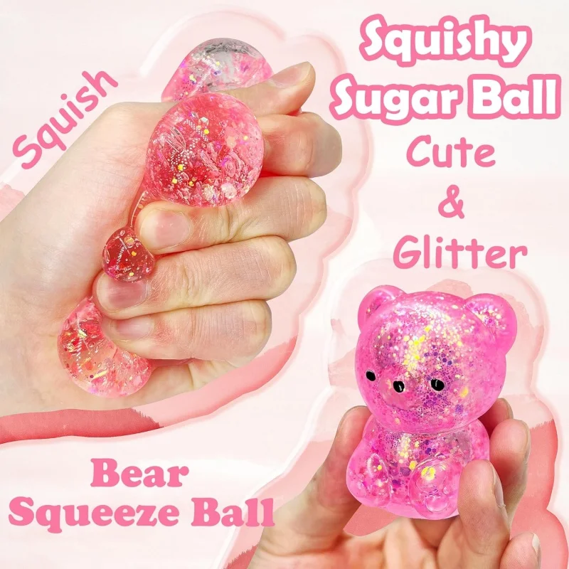 Bear Squishy Toys Glitter Stress Balls for Anxiety Relaxation Adorable Animal Squishies Fidget Toys for Kids Party Favors Gifts