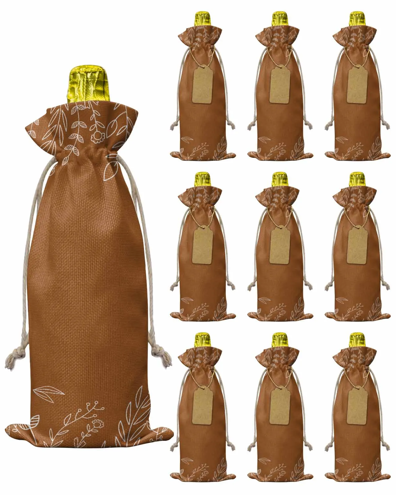 10pcs Grid Pattern Autumn HarvestWine Bottle Bag with Drawstring Festive Party Decor Wine Bottle Covers Gift