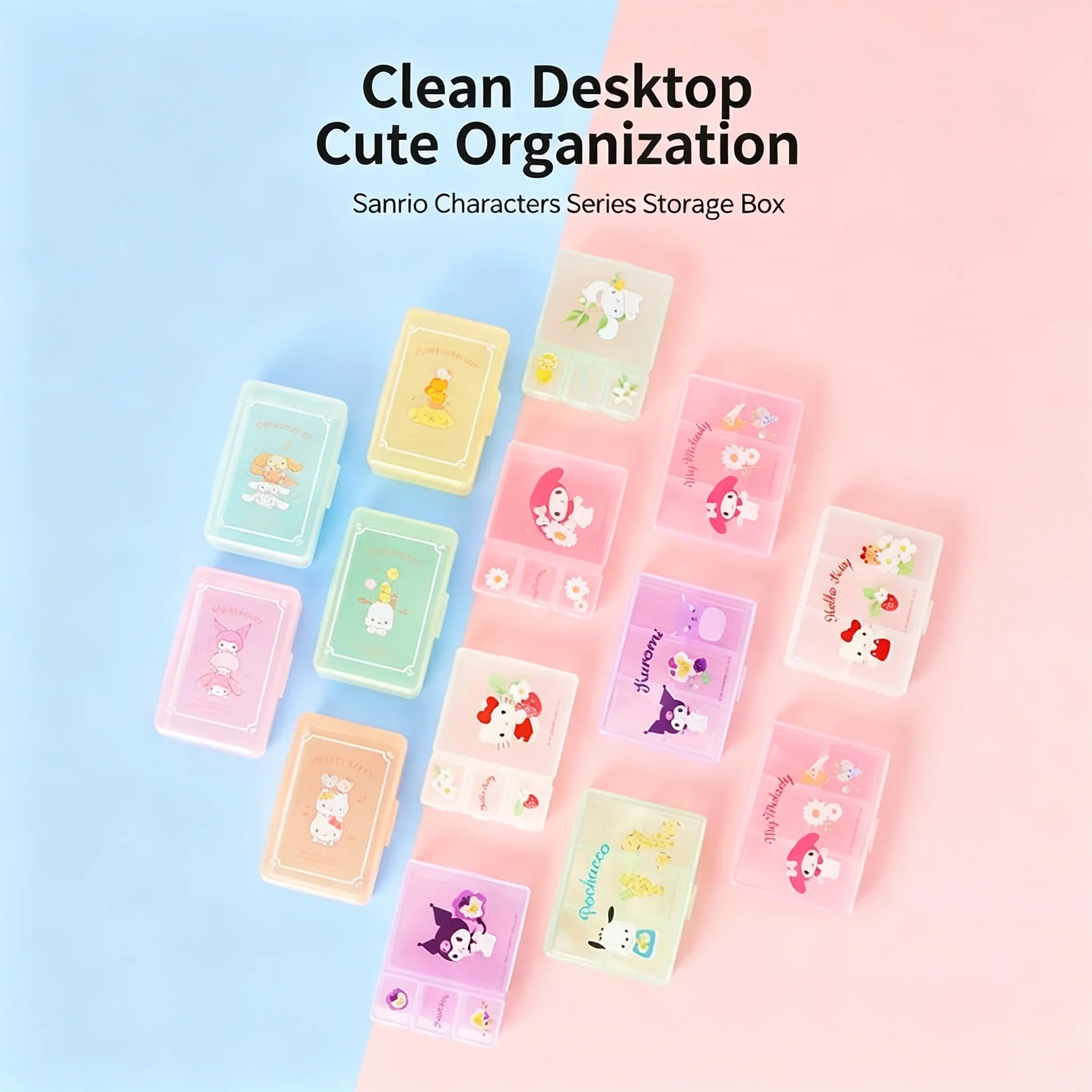 Kawaii Character Storage Case Hello Kitty My Melody Kuromi Pompompurin Portable PP Compartment Box Clear Lid