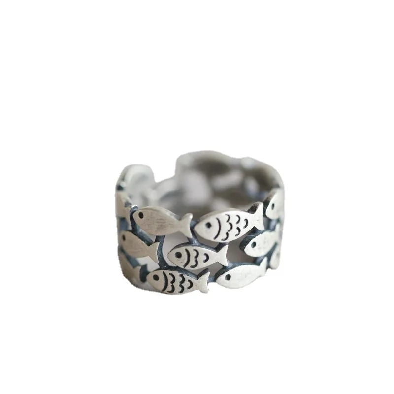 High Quality Fashion 925 Sterling Silver Adjustable Rings For Women Jewelry Thai Silver Geometric Animal Fish Open Ring