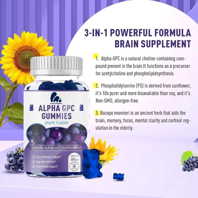 Gomitas Alpha GPC 600 mg, suplemento masticable de fosfatidilserina que contiene Bacopa - para memoria, enfoque y suplementación