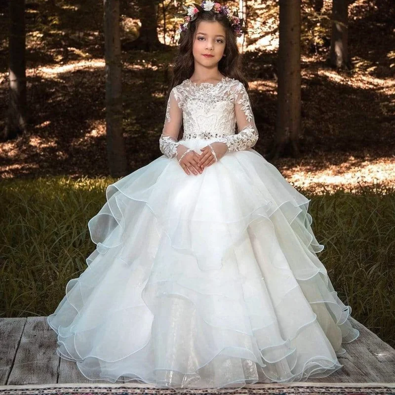 Flower Girl Dresses White Tulle Tiered Appliques With Bow Belt Long Sleeve For Wedding Birthday Party Banquet Holy Communion Gow