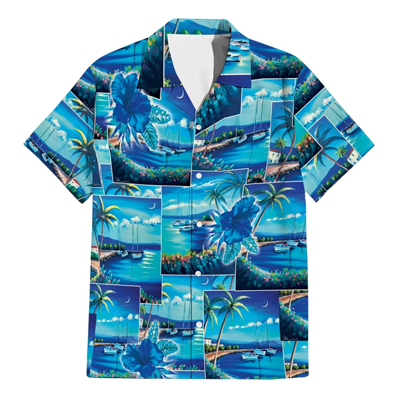 

Summer Beach Tropical Button-Up Shirts Fashion Hawaiian Coconut Tree Vacation Blouses Surfing Male Lapel Blouse Aloha Blouses