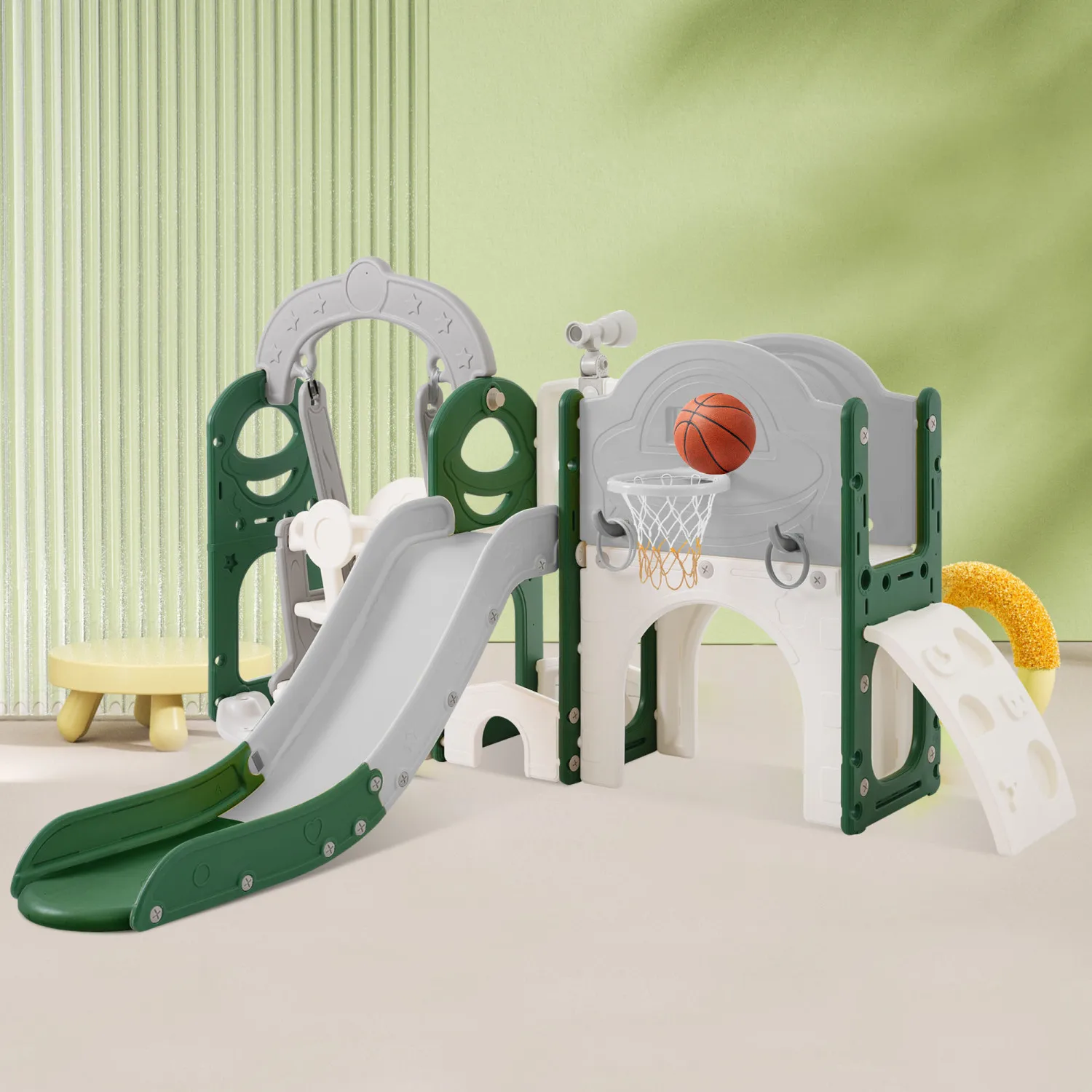 

Toddler Slide and Swing Set 8 in 1, Kids Playground Climber Slide Playset with Basketball Hoop Freestanding Combination for Babi