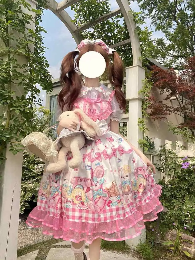 Kawaii schöne lolita prinzessin stil jsk kleid quadratischer kragen bogen kaninchen druck rüschen ärmelloses süßes hemd kleid