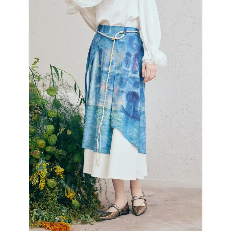 

Seaside Breeze: Fresh Printed Double-Layer A-Line Midi Skirt with Tie Waist