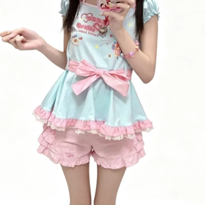 Japanese Kawaii Cartoon Print Lolita T-Shirts Women Summer Sweet Lace Trim Bow Short Sleeve Cotton Tops Y2k ABDL Cute Tees