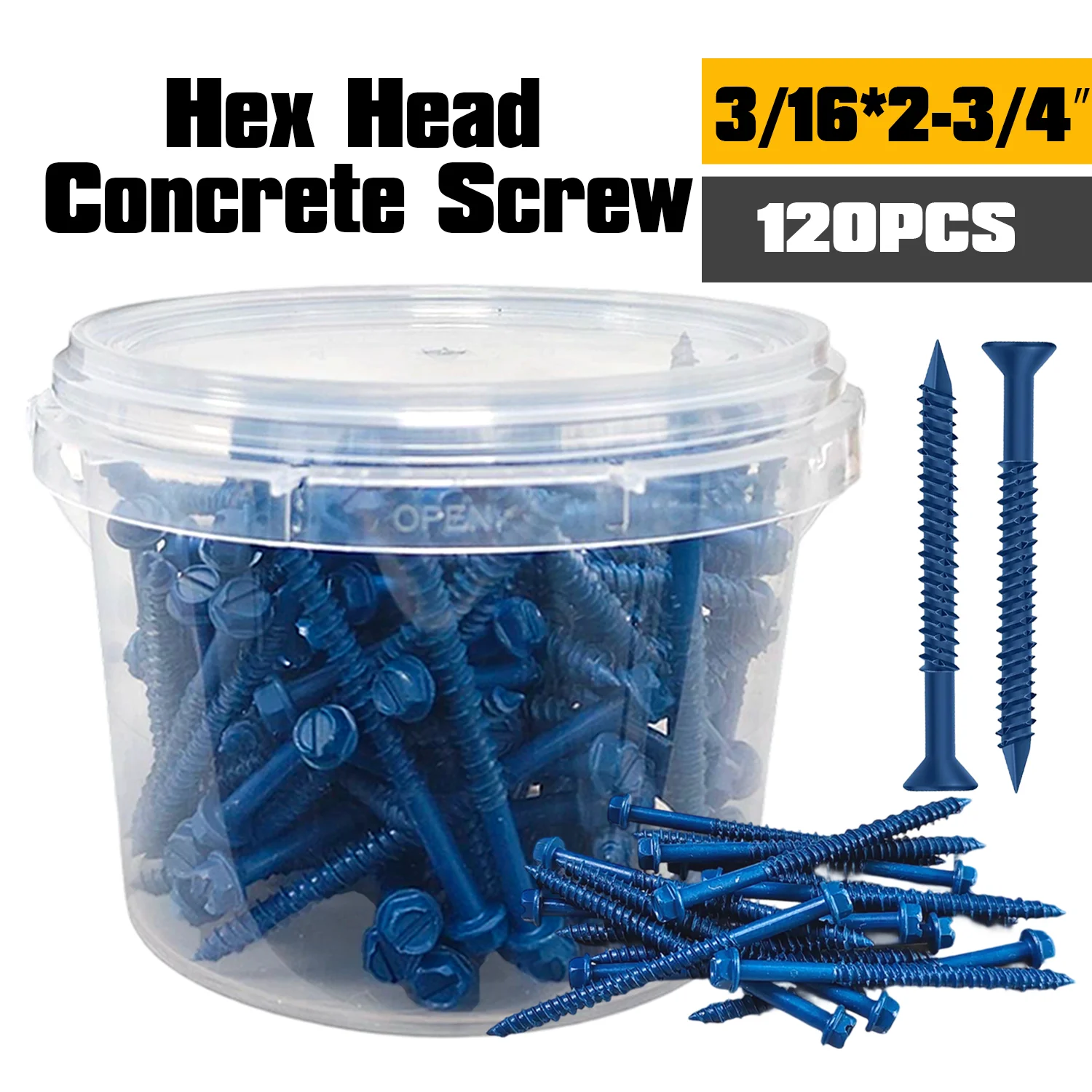

VKKM 120Pcs 3/16"*2-3/4" Inch Concrete Screws Anchor with Drill Bit, Blue Hex Head Masonry Brick Stucco Cement Block Screws