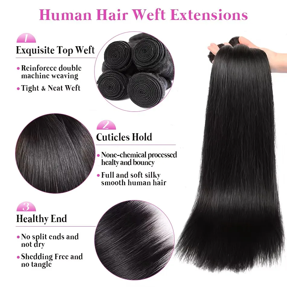 Extensiones de cabello humano liso, mechones de cabello crudo 100% cabello humano brasileño Remy, mechones de doble trama, extensión de cabello de 1/3/4 Uds.