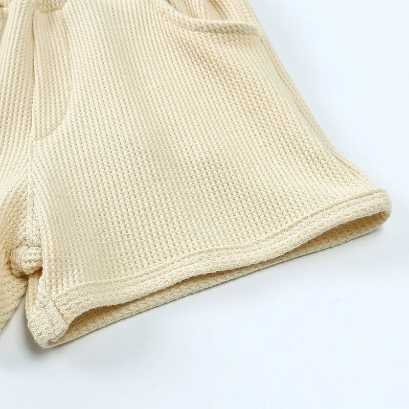 Children Summer Solid Casual Set Girls Loose T-shirt And Waffle Shorts 2pc Homewear Suit For Boys Simple Soft Comfortable Suits image 5