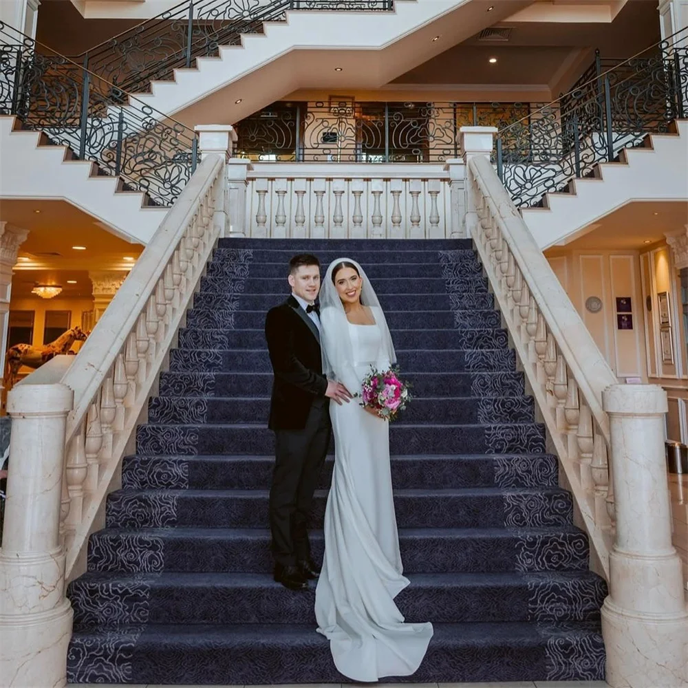 맞춤 제작된 우아한 스퀘어 칼라 웨딩드레스 클래식 긴팔 베스티도 데 노비아 심플 화이트 새틴 신부 들러리 드레스 여성용