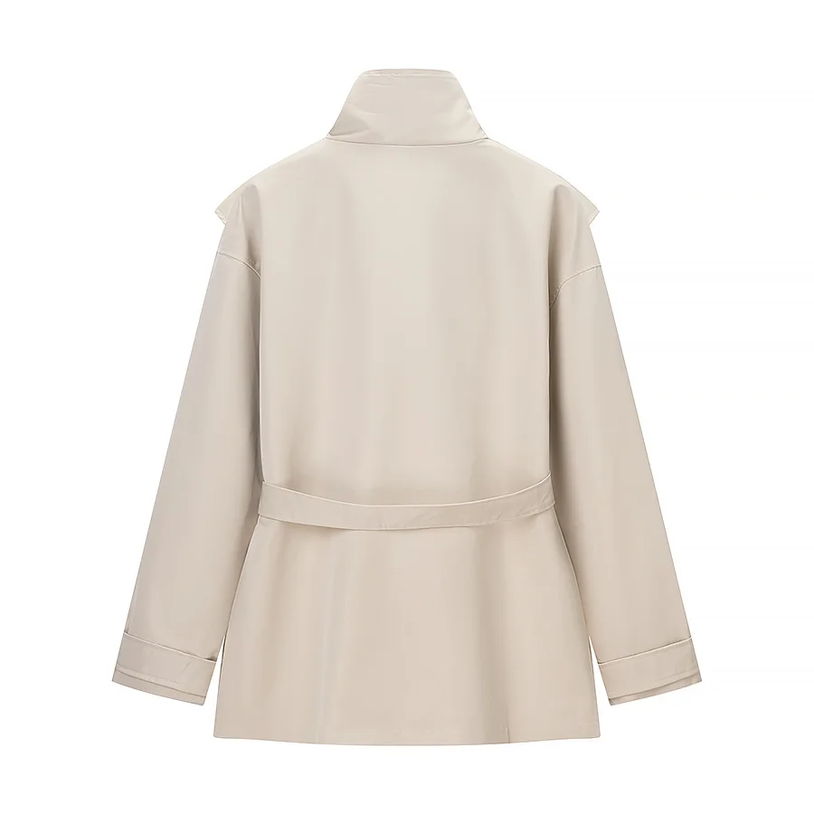 لون نقي ياقة عالية مربوط زر واحد سستة دراجة نارية Sle معطف Jaet المرأة Faion تخفيف مستقيم قطع طويلة Sve #3