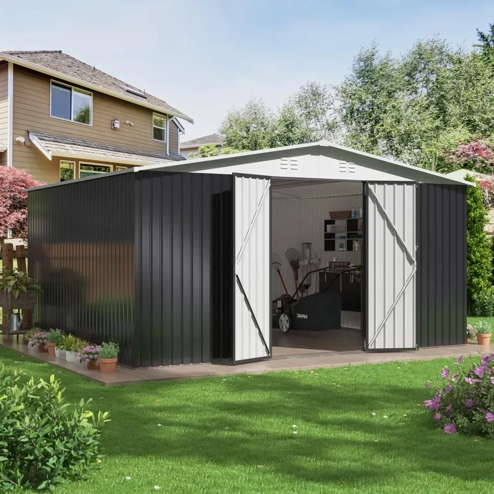 Outdoor Metal Storage Shed Garden Tool Shed with Lockable Doors for Backyard Patio Lawn White
