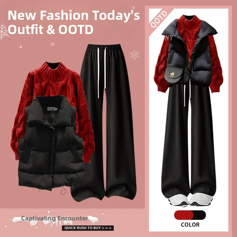 

Черный вязаный свитер с высоким воротником и повседневный хлопковый жилет-топ: комплект из двух предметов для женщин, зимний модный ансамбль