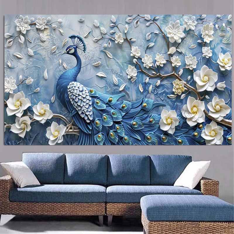 

Peacock White Flowers Blue Background Canvas Painting,Modern Print Wall Picture Room,Bedroom,Home Decor Cuadros Unframed