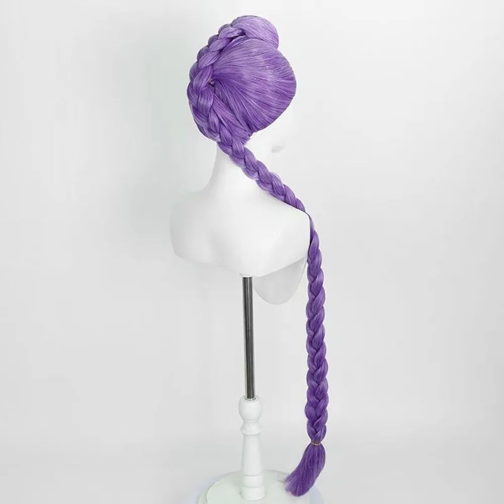 데몬 헌터 루미 코스프레 가발 42인치 현실적인 두피 보라색 큰 땋은 머리 여성용 포니테일이 있는 내열성 섬유