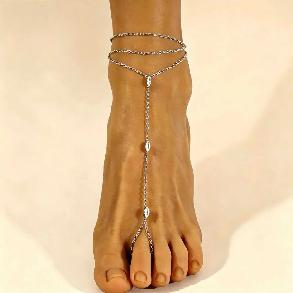 Silver Rhinestone Toe Anklet Multi‑Layer Chain Foot Jewelry Marquise Crystal Beaded Barefoot Sandal Anklet For Women Beach