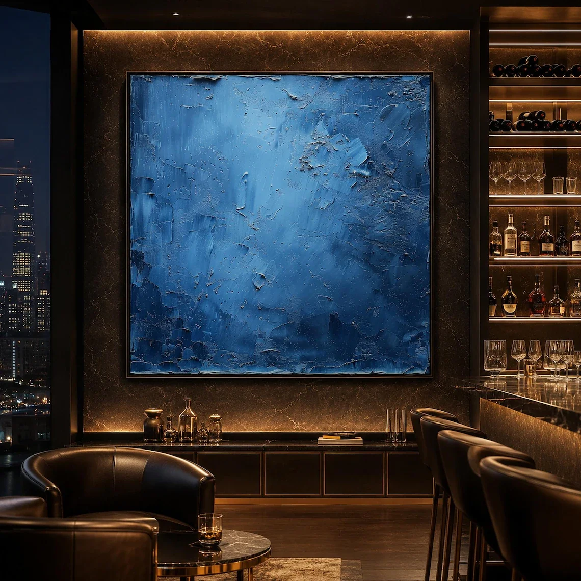 Large Blue Textured Impasto Abstract Canvas Painting Minimalist Modern Navy Wall Art Handmade Home Decor for Living Room Bedroom