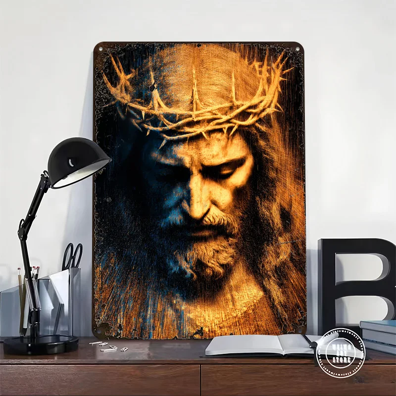 Abstract Jesus Christ With Crown of Thorns Metal Poster Custom Wall Art Retro Vintage Tinplate Signs for Man Cave Bathroom Decor