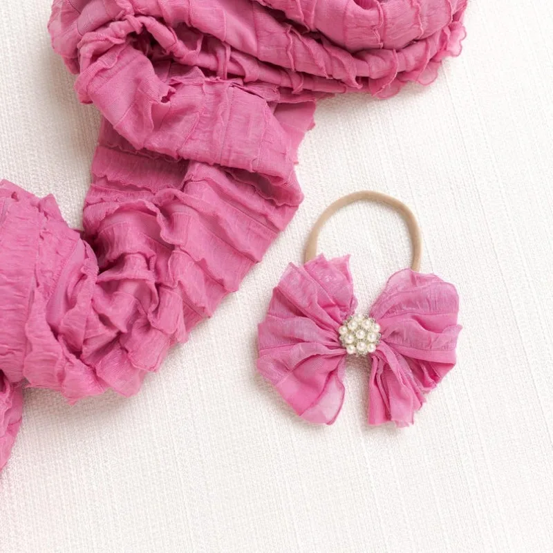 مجموعة دعامات صور لحديثي الولادة - قماط وعصابة رأس متماسكة قابلة للتمدد، لفافة مكشكشة قابلة للتنفس مع فيونكة، تصوير لحديثي الولادة، نيويوبونز #6