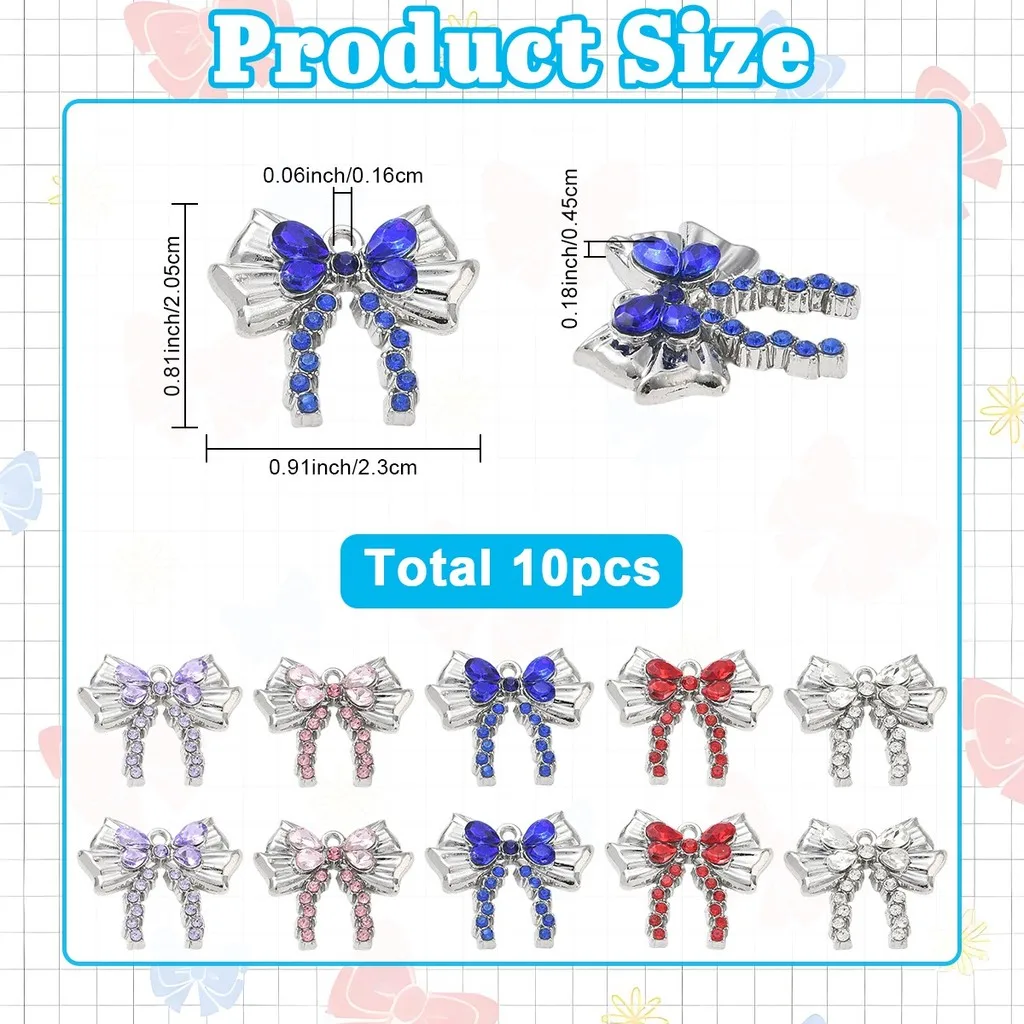 10Pcs Rack Plating Alloy Rhinestone Bowknot Pendants, 5 Colors, 2Pcs/Color, Mixed Color, for DIY Keychain Jewelry Making