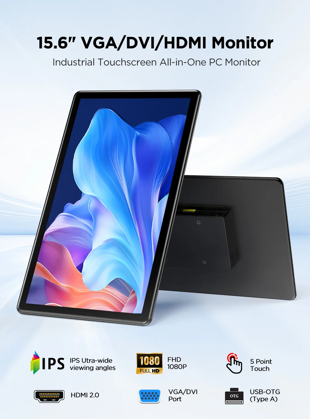 15.6' Touchscreen Portable Monitor With VGA DVI HDMI VESA Screen Extender 10-Point Touch Quick Response Dual-Speaker 178° Viewing Angle 300nits 1000:1 113%sRGB IPS Remote Control PC Laptop RPi POS Display
