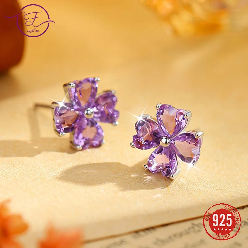 

952 Sterling Silver Stud Earrings Heart-Shaped Four-Leaf Clover Natural Crystal Birthstone Earring Fine Jewelry for Women FCGJHW