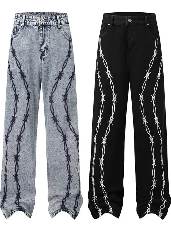 

Мужские контрастные широкие джинсы с вышивкой, свободные джинсы, джинсовые брюки, повседневные брюки прямого кроя, длинные брюки на молнии со средней талией...