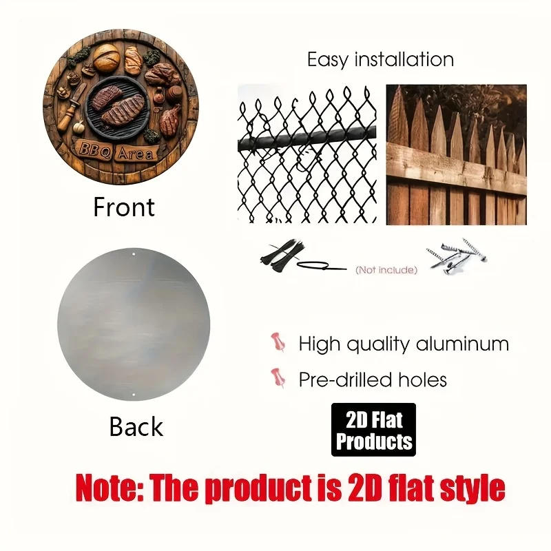 2D Flat, 1pc Vintage BBQ Sign Metal Wall Decor Plaque - 8x8 Inch Round Aluminum Sign with Grilled Meats & Wooden Plank Design, P - view 3