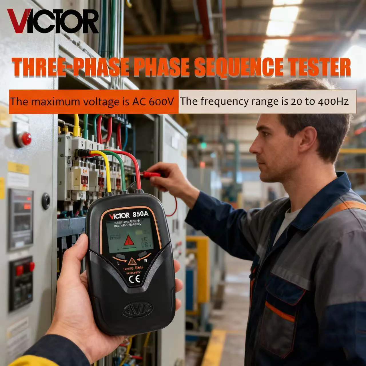 

THREE-PHASE PHASE SEQUENCE TESTER maximum voltage is AC 600v and frequency range is 20 to 400Hz THREE-PHASE tester 850