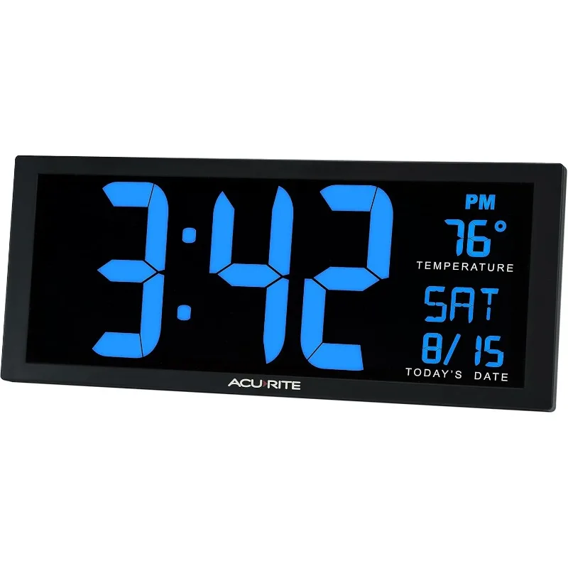 

14.5" Oversized Blue LED Clock, Indoor Temperature & Date Display - Tabletop & Wall Clock with Stand