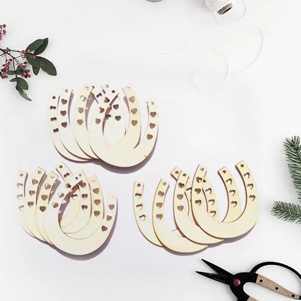 12Pcs 9cm Wood Chip DIY Wood Horseshoe Shape Wood Slices School Handmaking Horseshoe Cutout Unfinished Handicrafts DIY Crafts