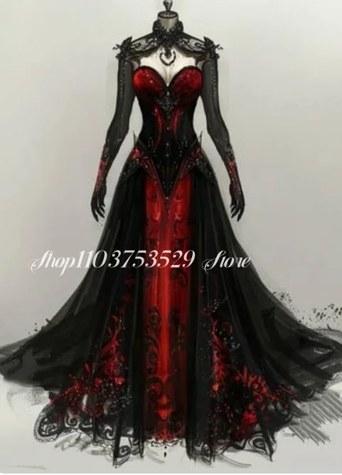 Maßgeschneidertes gotisches Meerjungfrau-Hochzeitskleid mit schwarzer und roter Applikation, durchsichtiges, rückenfreies Kleid, einzigartiges Brautkleid, Spitze, Vintage-Gothic-Hochzeit