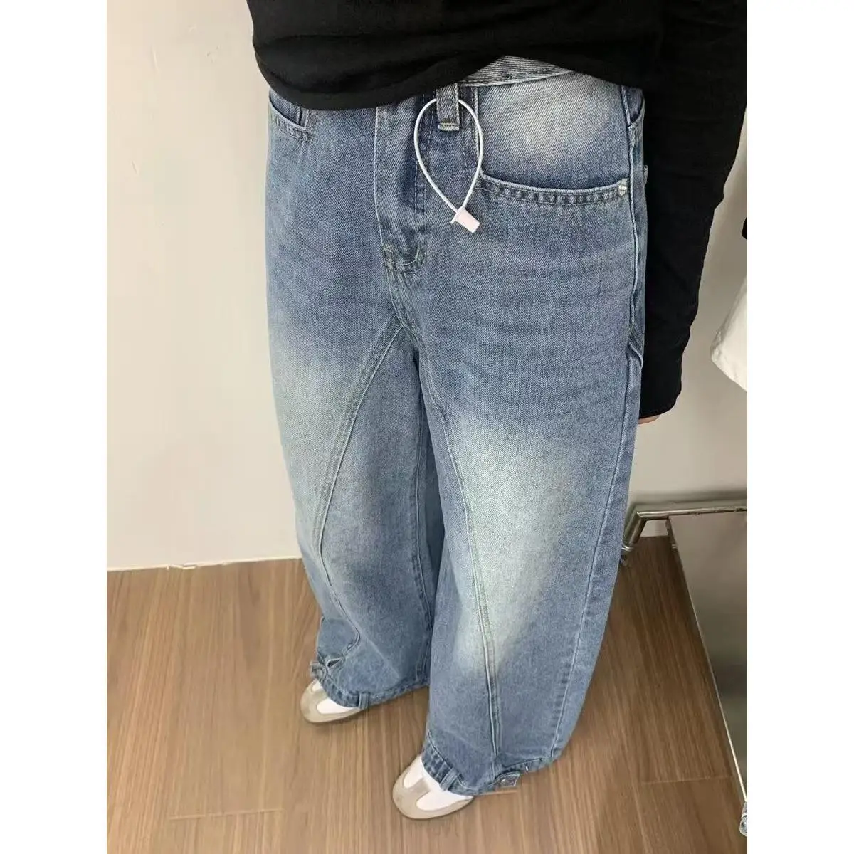 

Ретро синие джинсовые джинсы с ножом, женские свободные драпированные утягивающие широкие длинные брюки, модные повседневные винтажные джинсы